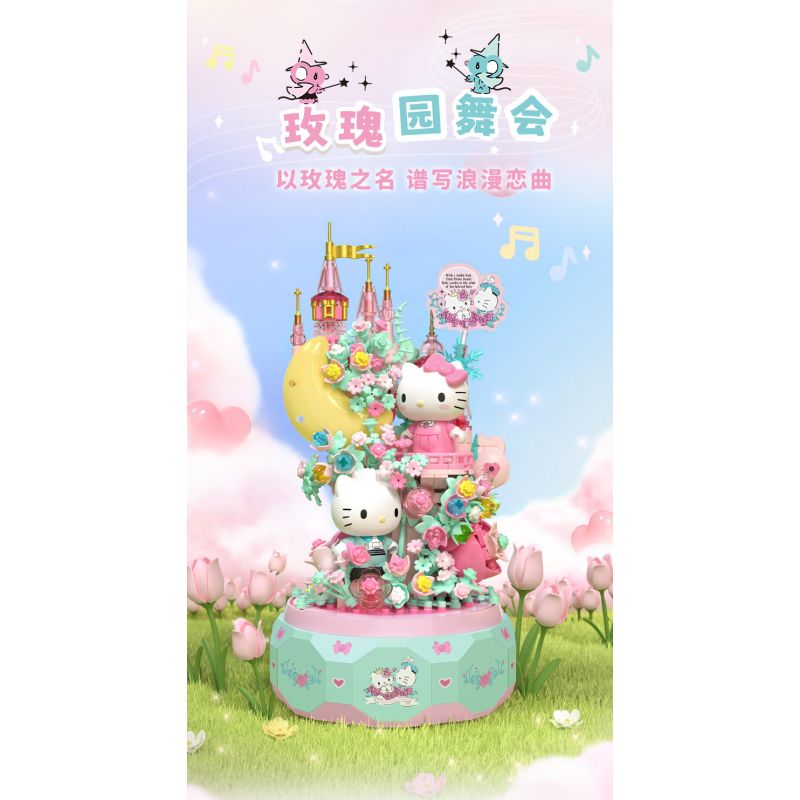 GEKKOSHA 803301 HỘP NHẠC TÌNH YÊU ÁNH TRĂNG CỦA GIA ĐÌNH SANRIO VƯỜN HỒNG KHIÊU VŨ HELLO KITTY bộ đồ chơi xếp lắp ráp ghép mô hình SANRIO CHARACTERS