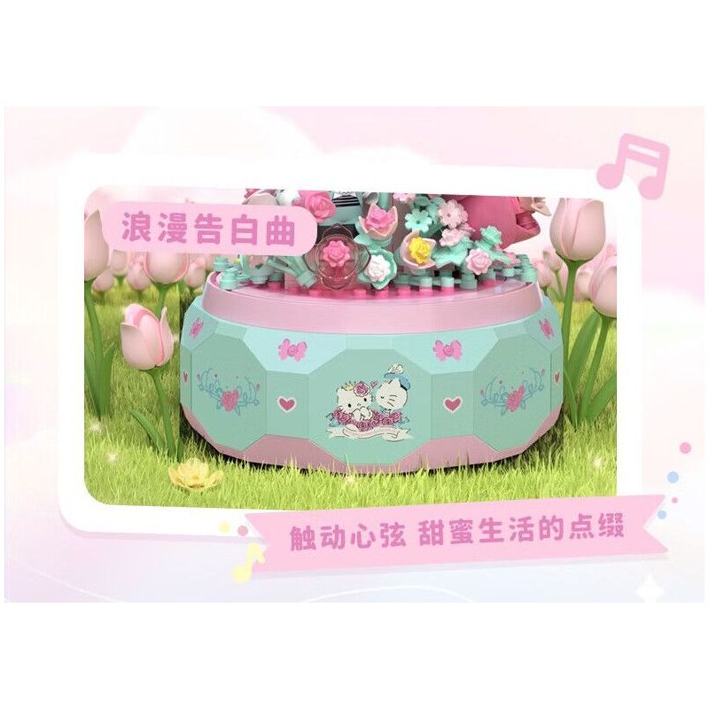GEKKOSHA 803301 HỘP NHẠC TÌNH YÊU ÁNH TRĂNG CỦA GIA ĐÌNH SANRIO VƯỜN HỒNG KHIÊU VŨ HELLO KITTY bộ đồ chơi xếp lắp ráp ghép mô hình SANRIO CHARACTERS