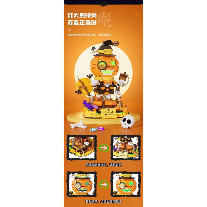 JAKI AK108 NHỮNG SÁNG TẠO HỢP THỜI TRANG YÊU TINH BÍ NGÔ HALLOWEEN bộ đồ chơi xếp lắp ráp ghép mô hình Creator HALLOWEEN PUMPKIN ELF 795 khối