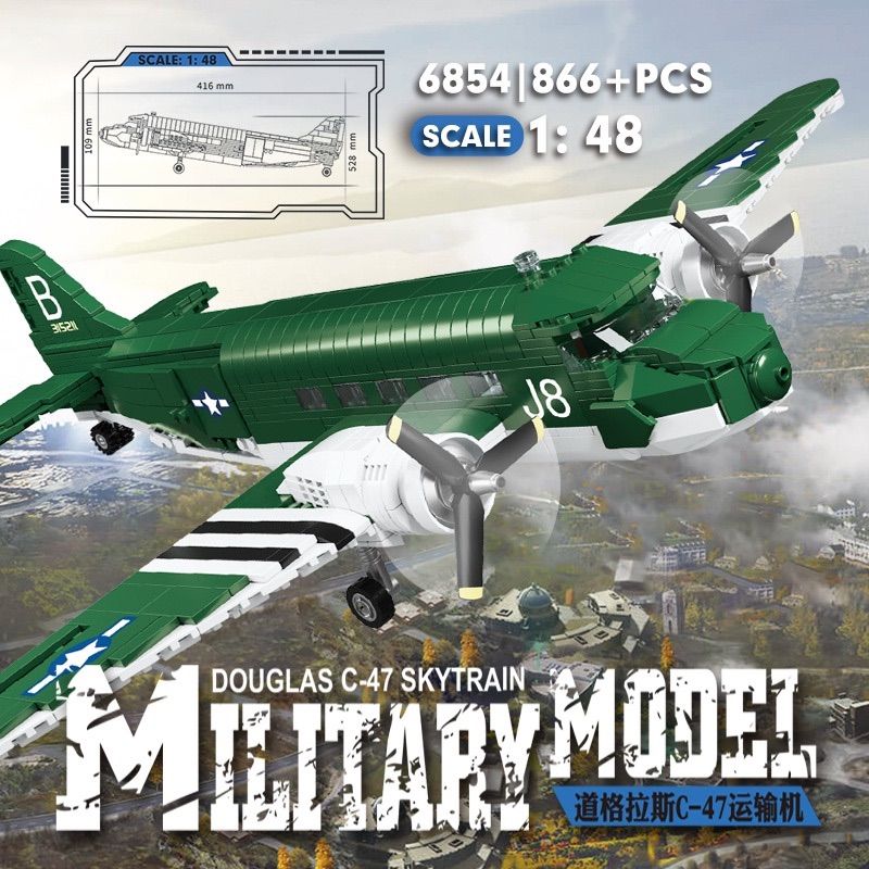 CAYI 6854 MÁY BAY VẬN TẢI DOUGLAS C-47 tỷ lệ 1:48 bộ đồ chơi xếp lắp ráp ghép mô hình Military Army C-47 TRANSPORT AIRCRAFT Quân Sự Bộ Đội 866 khối