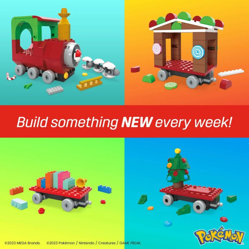 MEGA BLOKS HHP69 POKÉMON CHUYẾN TÀU NGHỈ LỄ bộ đồ chơi xếp lắp ráp ghép mô hình Creator POKÉMON HOLIDAY TRAIN Sáng Tạo 373 khối