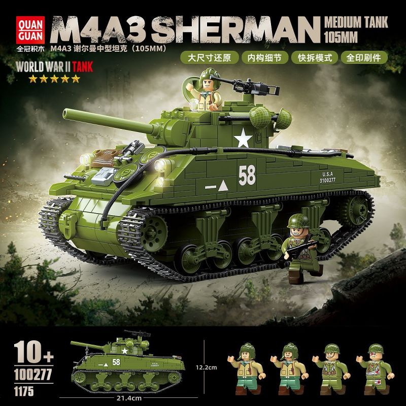 QuanGuan 100277 Quan Guan 100277 XE TĂNG HẠNG TRUNG M4A3 SHERMAN (105MM) bộ đồ chơi xếp lắp ráp ghép mô hình Military Army M4A3 SHERMAN MEDIUM TANK 105MM Quân Sự Bộ Đội 1175 khối
