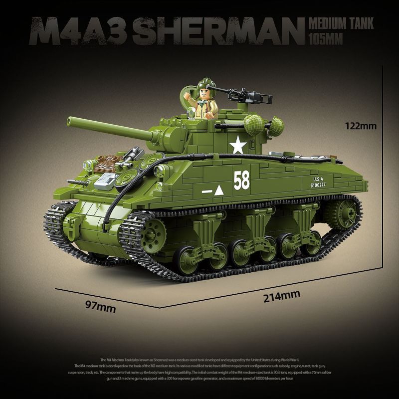 QuanGuan 100277 Quan Guan 100277 XE TĂNG HẠNG TRUNG M4A3 SHERMAN (105MM) bộ đồ chơi xếp lắp ráp ghép mô hình Military Army M4A3 SHERMAN MEDIUM TANK 105MM Quân Sự Bộ Đội 1175 khối