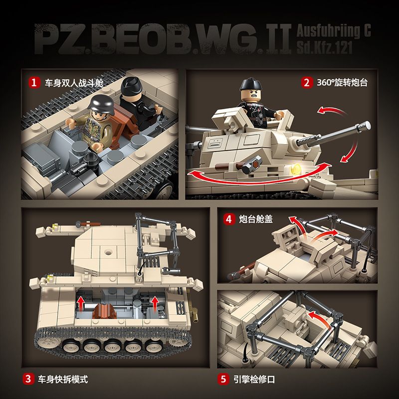 QuanGuan 100275 Quan Guan 100275 XE TĂNG QUAN SÁT PHÁO BINH LOẠI C bộ đồ chơi xếp lắp ráp ghép mô hình Military Army PZ.BEOB.WG.II Quân Sự Bộ Đội 858 khối