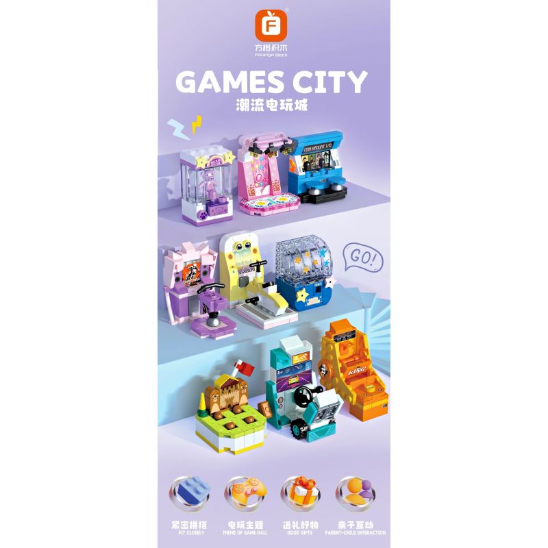 FORANGE FC8151 8151 THÀNH PHỐ TRÒ CHƠI ĐIỆN TỬ THỜI THƯỢNG 12 LOẠI MÁY NHẢY VUỐT XỔ SỐ GASHAPON NGỰA BẬP BÊNH ĐÁNH ĐÒN MÔ TÔ XE ĐẠP ĐẤM BỐC ĐUA VIDEO BẮN SÚNG VẬN BẰNG ĐỒNG XU bộ đồ chơi xếp lắp ráp ghép mô hình Creator GAMES CITY Sáng Tạo 640 khối