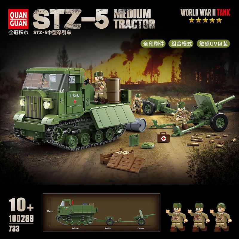 QuanGuan 100289 Quan Guan 100289 XE TĂNG THẾ CHIẾN II MÁY KÉO HẠNG TRUNG STZ-5 bộ đồ chơi xếp lắp ráp ghép mô hình Military Army STZ-5 MEDIUM TRACTOR Quân Sự Bộ Đội 733 khối