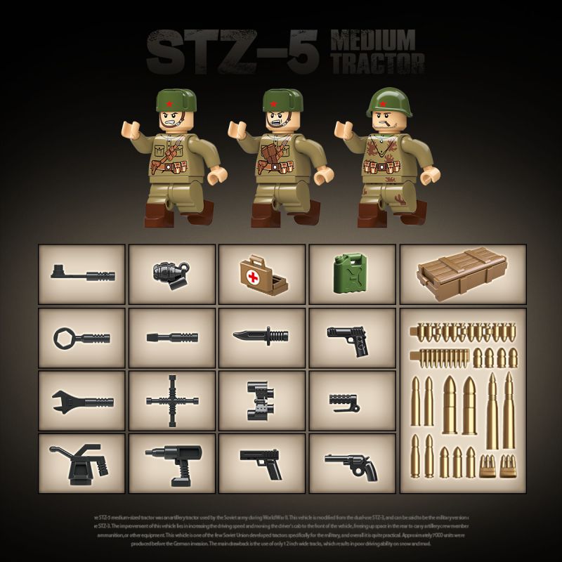 QuanGuan 100289 Quan Guan 100289 XE TĂNG THẾ CHIẾN II MÁY KÉO HẠNG TRUNG STZ-5 bộ đồ chơi xếp lắp ráp ghép mô hình Military Army STZ-5 MEDIUM TRACTOR Quân Sự Bộ Đội 733 khối