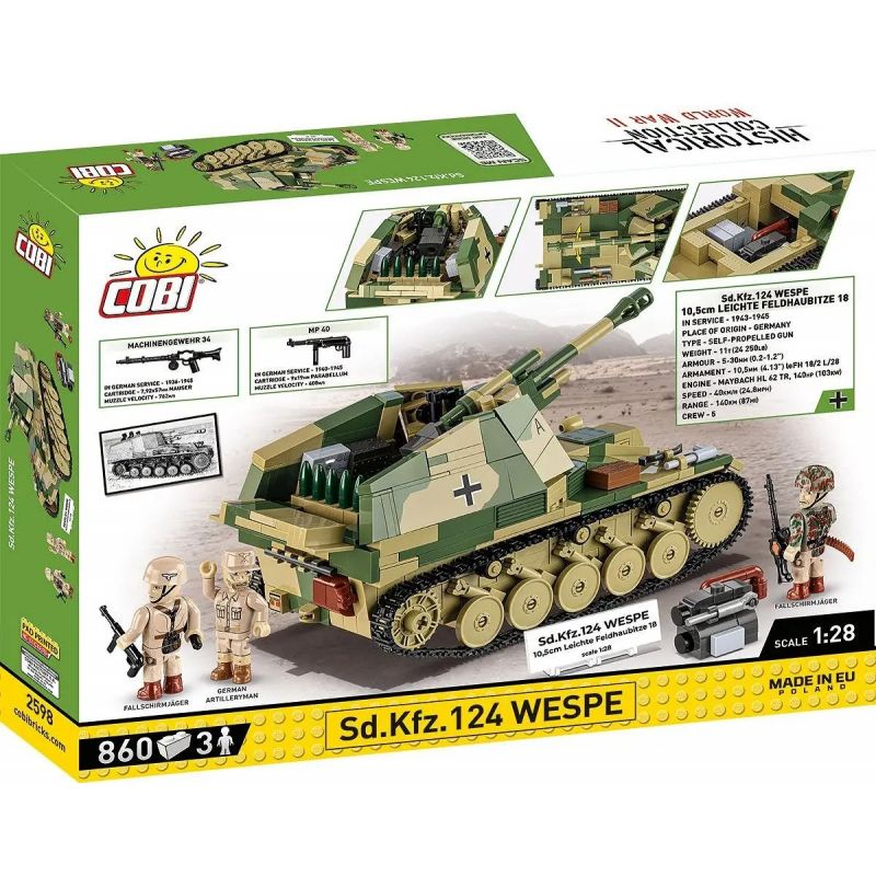 COBI 2598 PHÁO TỰ HÀNH WASP CỦA ĐỨC tỷ lệ 1:28 bộ đồ chơi xếp lắp ráp ghép mô hình Military Army SD.KFZ.124 WESPE - EXECUTIVE EDITION Quân Sự Bộ Đội 855 khối