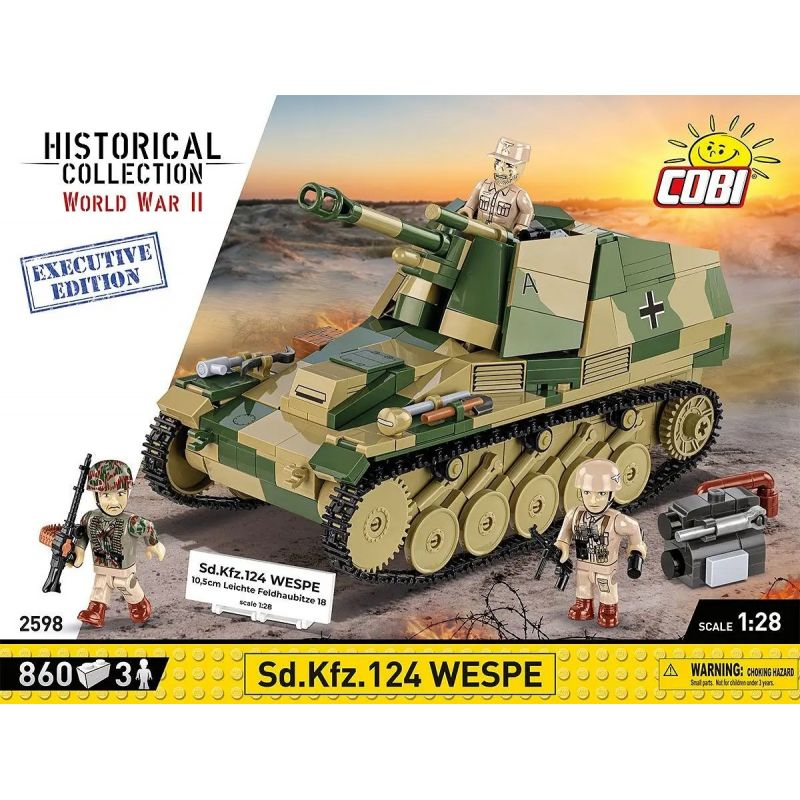 COBI 2598 PHÁO TỰ HÀNH WASP CỦA ĐỨC tỷ lệ 1:28 bộ đồ chơi xếp lắp ráp ghép mô hình Military Army SD.KFZ.124 WESPE - EXECUTIVE EDITION Quân Sự Bộ Đội 855 khối