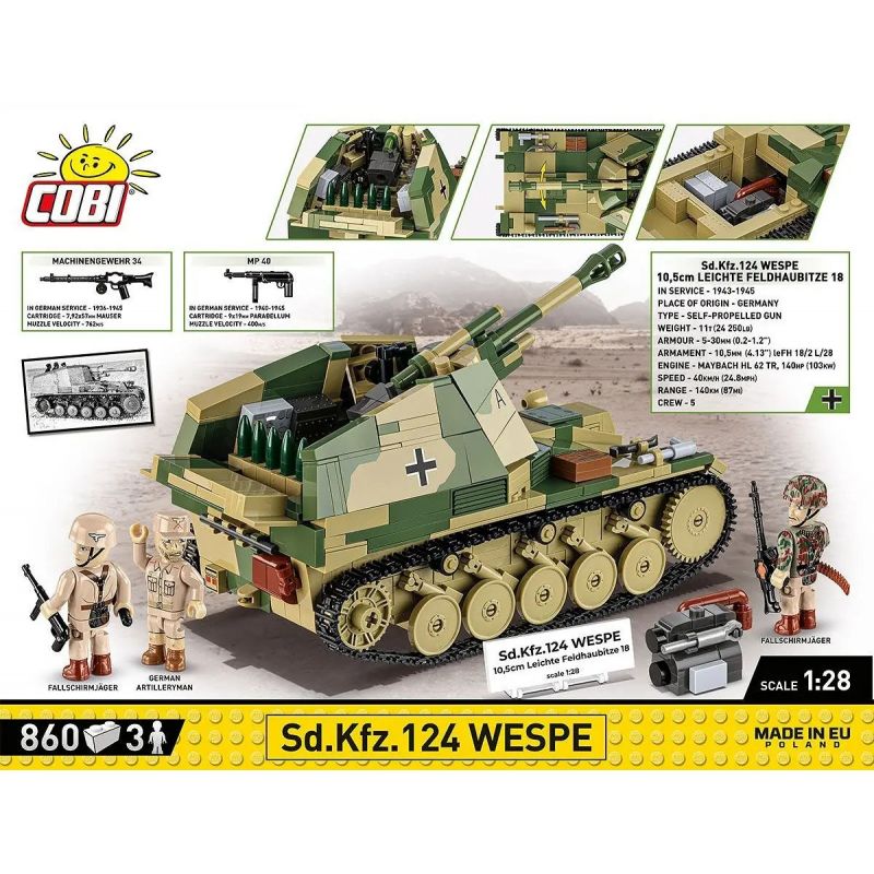 COBI 2598 PHÁO TỰ HÀNH WASP CỦA ĐỨC tỷ lệ 1:28 bộ đồ chơi xếp lắp ráp ghép mô hình Military Army SD.KFZ.124 WESPE - EXECUTIVE EDITION Quân Sự Bộ Đội 855 khối