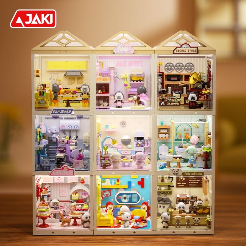 JAKI FK001 SUPER TOWN PANDA KHÔNG LĂN CÀ PHÊ STACKING HOUSE bộ đồ chơi xếp lắp ráp ghép mô hình PANDA'S CAFE SHOP