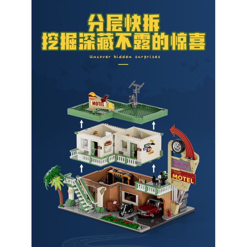 LUMIBRICKS FUNWHOLE F9054 9054 CHUYẾN ĐI ĐƯỜNG NHÀ NGHỈ bộ đồ chơi xếp lắp ráp ghép mô hình City MOTEL Thành Phố 1970 khối