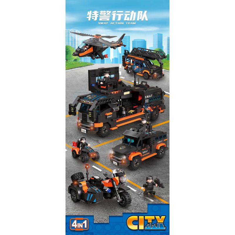 FORANGE FC3329 3329 ĐỘI HÀNH ĐỘNG SWAT 4 KẾT HỢP bộ đồ chơi xếp lắp ráp ghép mô hình City SWAT ACTION TEAM Thành Phố 1048 khối