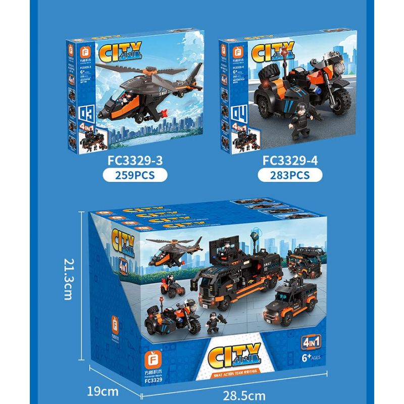 FORANGE FC3329 3329 ĐỘI HÀNH ĐỘNG SWAT 4 KẾT HỢP bộ đồ chơi xếp lắp ráp ghép mô hình City SWAT ACTION TEAM Thành Phố 1048 khối