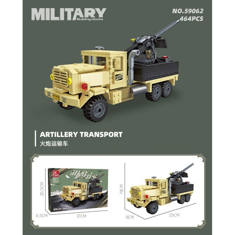 JIESTAR 59062 PHÁO VẬN TẢI bộ đồ chơi xếp lắp ráp ghép mô hình Military Army ARTILLERY TRANSPORT Quân Sự Bộ Đội 464 khối