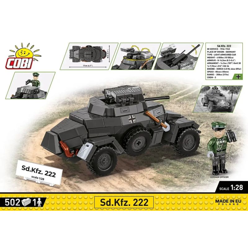 COBI 2657 XE TRINH SÁT THẾ CHIẾN II CỦA ĐỨC 1:28 tỷ lệ 1:28 bộ đồ chơi xếp lắp ráp ghép mô hình Military Army SD.KFZ. 222 Quân Sự Bộ Đội 502 khối