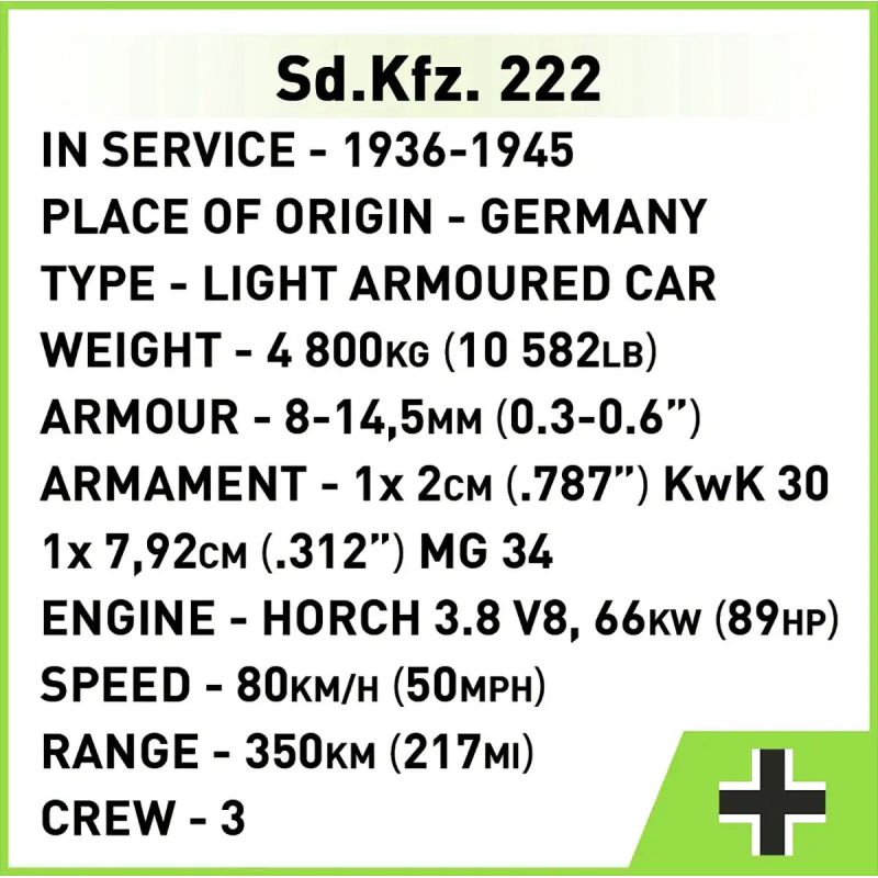 COBI 2657 XE TRINH SÁT THẾ CHIẾN II CỦA ĐỨC 1:28 tỷ lệ 1:28 bộ đồ chơi xếp lắp ráp ghép mô hình Military Army SD.KFZ. 222 Quân Sự Bộ Đội 502 khối