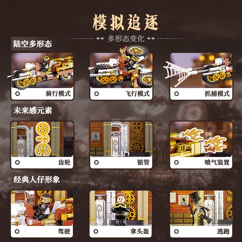 LUMIBRICKS FUNWHOLE F9067 9067 THẾ GIỚI STEAMPUNK CHASE XE MÁY bộ đồ chơi xếp lắp ráp ghép mô hình 424 khối