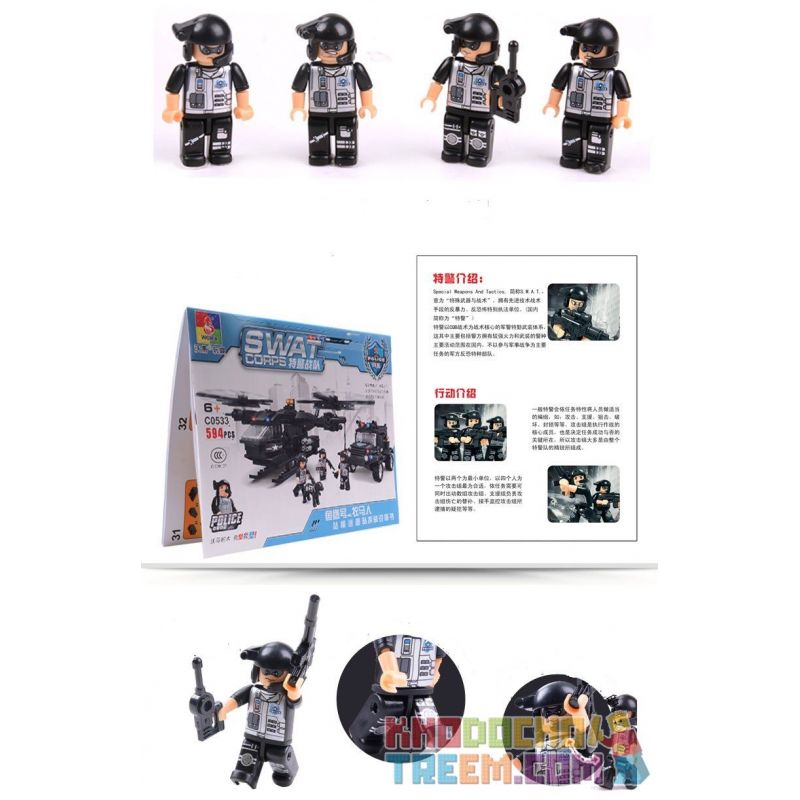WOMA C0533 0533 Xếp hình kiểu  SWAT SPECIAL FORCE SWAT Helicopter Car Trực Thăng Phối Hợp ô Tô Lính đặc Nhiệm 594 khối