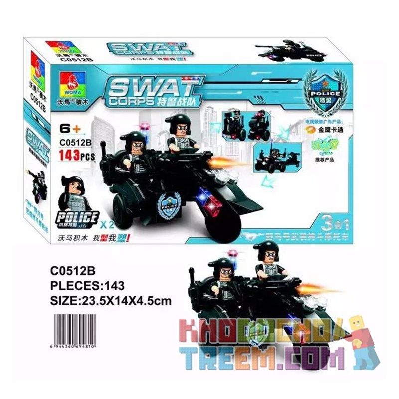 WOMA C0512B 0512B Xếp hình kiểu  SWAT SPECIAL FORCE SWAT 3 In 1 Sidecar Mô Tô 3 Bánh Lính đặc Nhiệm 143 khối