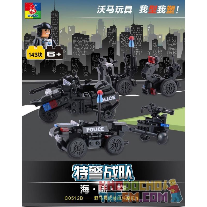 WOMA C0512B 0512B Xếp hình kiểu  SWAT SPECIAL FORCE SWAT 3 In 1 Sidecar Mô Tô 3 Bánh Lính đặc Nhiệm 143 khối