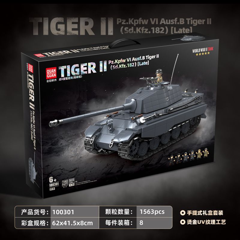 QuanGuan 100301 Quan Guan 100301 TIGER II TANK HẠNG NẶNG (LOẠI MỚI NHẤT) bộ đồ chơi xếp lắp ráp ghép mô hình Military Army PZ.KPFW VI AUSF.B TIGER II(SD.KFZ.182) LATE Quân Sự Bộ Đội 1563 khối