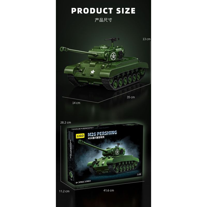 12GO 97011 M26 PERS BREATH BỂ NẶNG tỷ lệ 1:28 bộ đồ chơi xếp lắp ráp ghép mô hình Military Army M26 PERSHING Quân Sự Bộ Đội 1703 khối