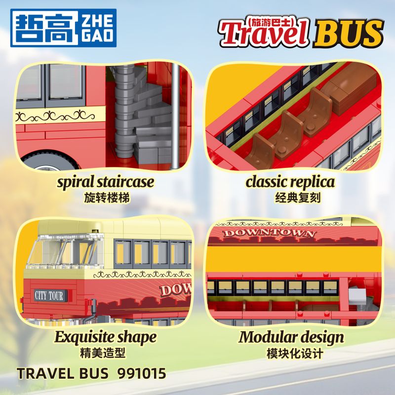 ZHEGAO 991015 XE BUÝT DU LỊCH ĐÔI DECKER bộ đồ chơi xếp lắp ráp ghép mô hình City TRAVEL BUS Thành Phố 642 khối