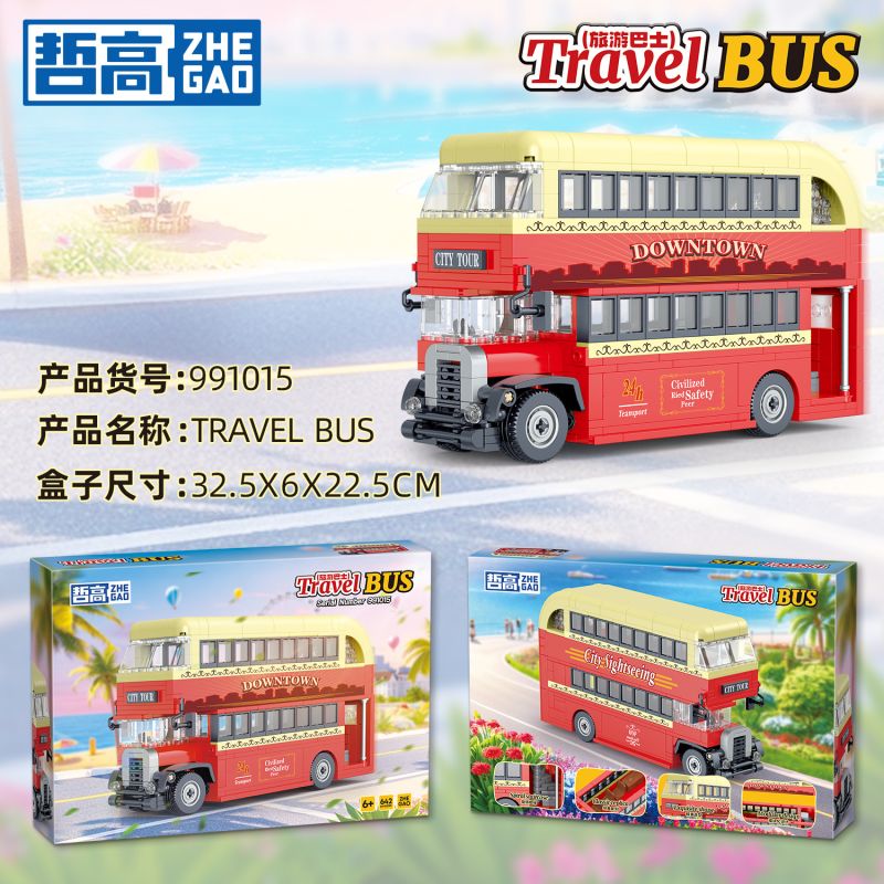 ZHEGAO 991015 XE BUÝT DU LỊCH ĐÔI DECKER bộ đồ chơi xếp lắp ráp ghép mô hình City TRAVEL BUS Thành Phố 642 khối
