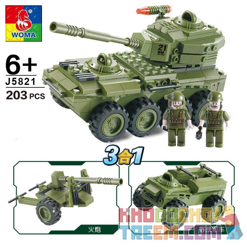 WOMA J5821 5821 Xếp hình kiểu  MILITARY ARMY 3 In 1 Armoured Car 3 Mẫu Thiết Bị Quân Sự 203 khối