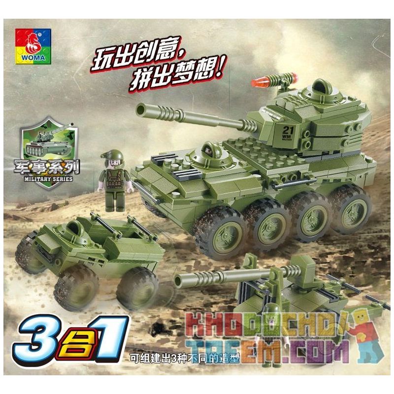 WOMA J5821 5821 Xếp hình kiểu  MILITARY ARMY 3 In 1 Armoured Car 3 Mẫu Thiết Bị Quân Sự 203 khối