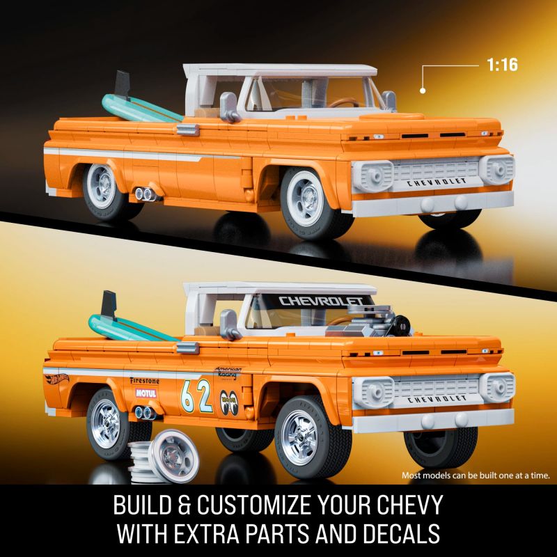 MATTEL BRICK SHOP JFT20 BÁNH XE NÓNG TẦNG LỚP ELITE 1962 CHEVROLET CHEVY MODIFIED PICKUP 1:16 tỷ lệ 1:16 bộ đồ chơi xếp lắp ráp ghép mô hình Creator HOT WHEELS CUSTOM '62 CHEVY Sáng Tạo 858 khối