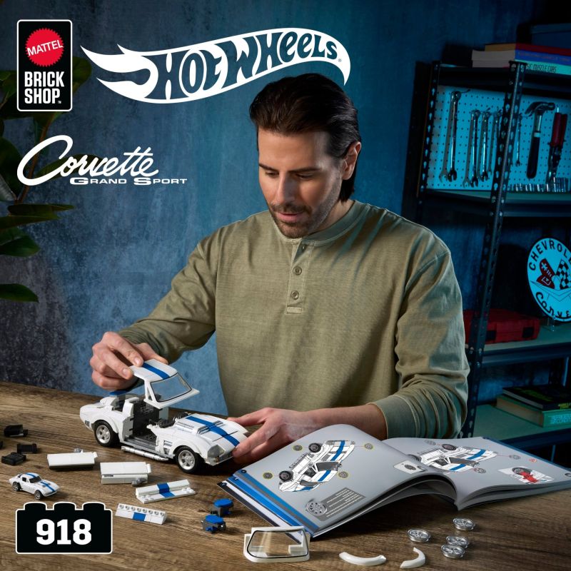 MATTEL BRICK SHOP JGR31 LỚP HỌC ƯU TÚ HOT WHEELS CHEVROLET CORVETTE GRAND SPORT 1:16 tỷ lệ 1:16 bộ đồ chơi xếp lắp ráp ghép mô hình Creator HOT WHEELS CORVETTE GRAND SPORT Sáng Tạo 918 khối