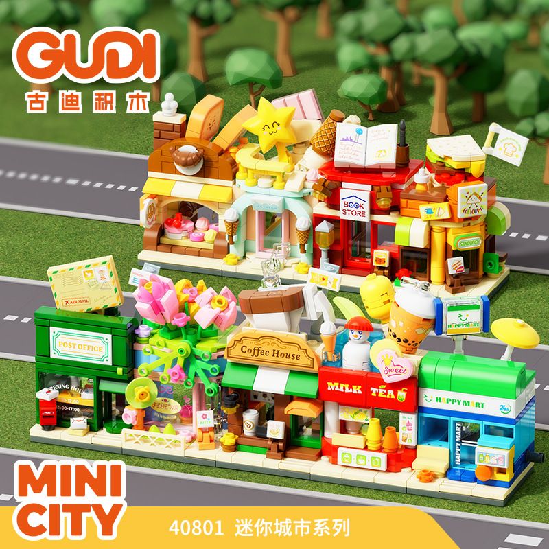 GUDI 40801 MINI CITY STREET VIEW STAPED 9 SANDWICH SHOP COFFEE INVENIENCE MILK TEA BƯU ĐIỆN TIỆM BÁNH CỬA HÀNG HOA NHÀ SÁCH KEM bộ đồ chơi xếp lắp ráp ghép mô hình 854 khối