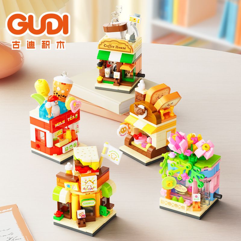 GUDI 40801 MINI CITY STREET VIEW STAPED 9 SANDWICH SHOP COFFEE INVENIENCE MILK TEA BƯU ĐIỆN TIỆM BÁNH CỬA HÀNG HOA NHÀ SÁCH KEM bộ đồ chơi xếp lắp ráp ghép mô hình 854 khối