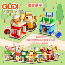 GUDI 40801 MINI CITY STREET VIEW STAPED 9 SANDWICH SHOP COFFEE INVENIENCE MILK TEA BƯU ĐIỆN TIỆM BÁNH CỬA HÀNG HOA NHÀ SÁCH KEM bộ đồ chơi xếp lắp ráp ghép mô hình 854 khối
