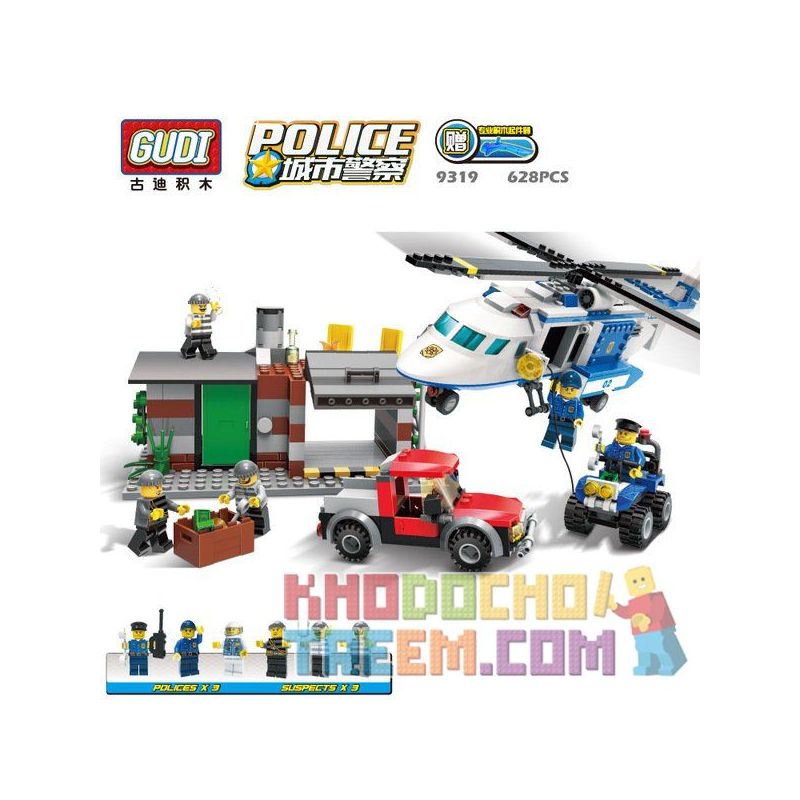GUDI 9319 non  TRỰC THĂNG CẢNH SÁT PHỐI HỢP MÔ TÔ 4 BÁNH bộ đồ chơi xếp lắp ráp ghép mô hình City POLICE Thành Phố 628 khối