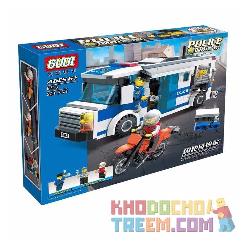 GUDI 9313 non  XE CHỞ PHẠM NHÂN bộ đồ chơi xếp lắp ráp ghép mô hình City POLICE Thành Phố 204 khối
