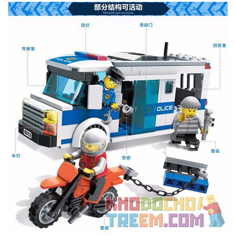 GUDI 9313 non  XE CHỞ PHẠM NHÂN bộ đồ chơi xếp lắp ráp ghép mô hình City POLICE Thành Phố 204 khối