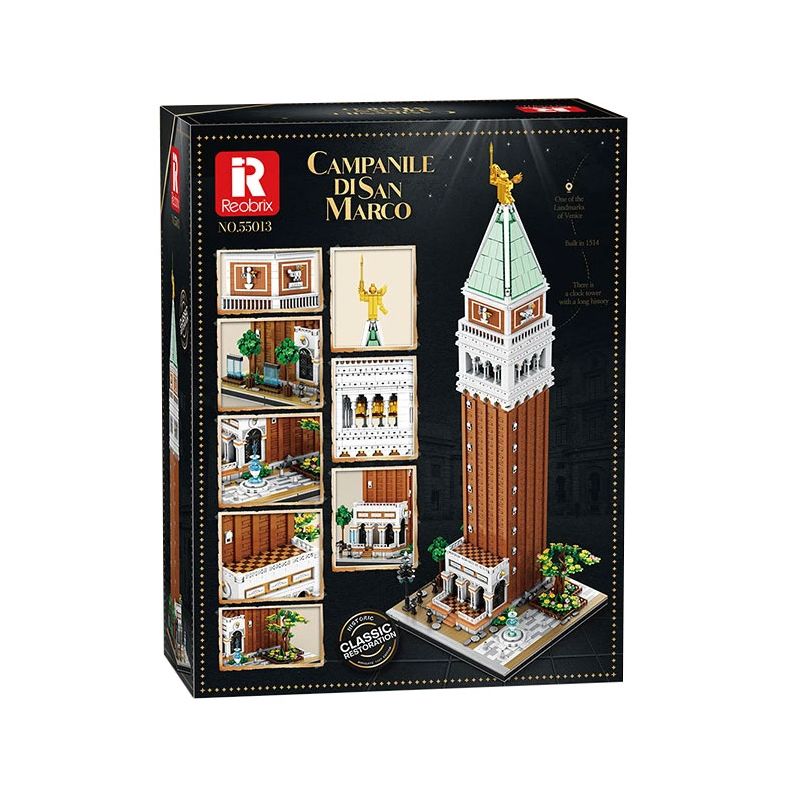 REOBRIX 55013 THÁP ĐỒNG HỒ CỦA SAN MARCO VENICE Ý 1 100 tỷ lệ 1:100 bộ đồ chơi xếp lắp ráp ghép mô hình Creator CAMPANILE DI SAN MARCO Sáng Tạo 3903 khối