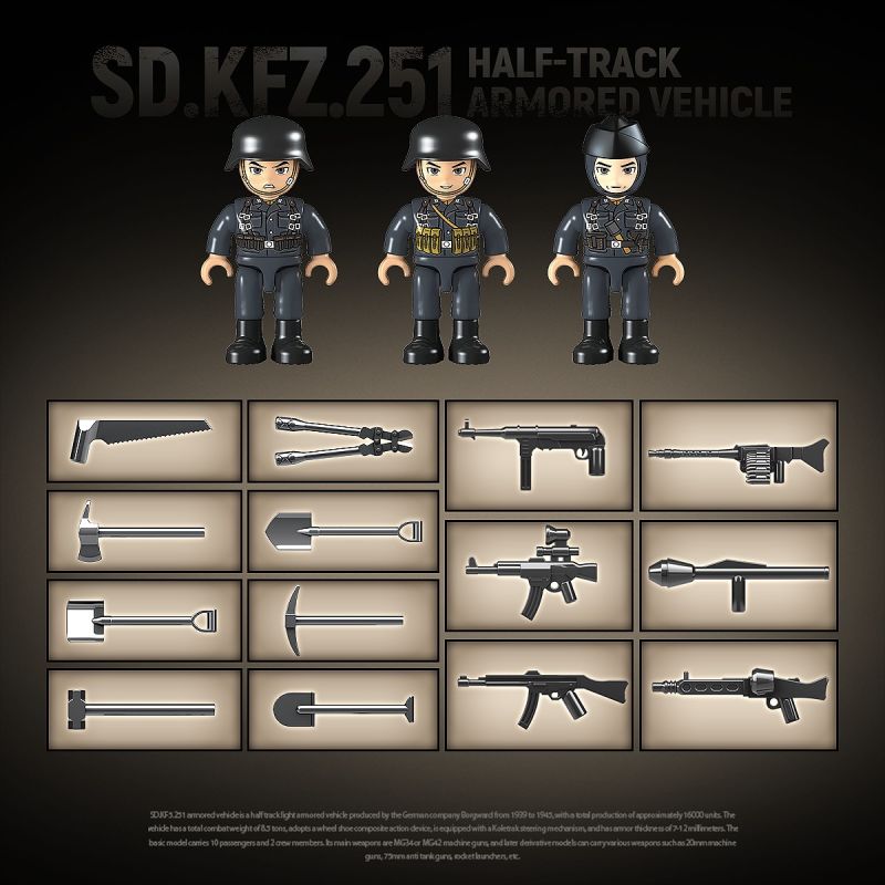 QuanGuan 100319 Quan Guan 100319 SD.KFZ.251 MỘT NỬA XE BỌC THÉP bộ đồ chơi xếp lắp ráp ghép mô hình Military Army SD.KFZ.251 HALF-TRACK ARMORED VEHICLE Quân Sự Bộ Đội 714 khối