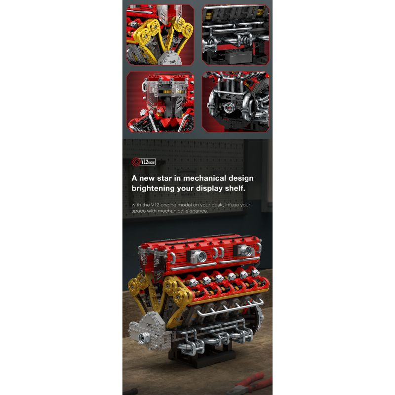 REOBRIX 33017 ĐỘNG CƠ V12 bộ đồ chơi xếp lắp ráp ghép mô hình Technic V12 ENGINE Kỹ Thuật Công Nghệ Cao Mô Hình Phương Tiện 4719 khối