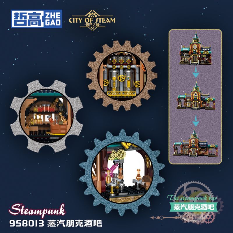 ZHEGAO 958013 Steampunk Xếp hình lắp ráp ghép mô hình Thành phố Steam: Quán bar Steampunk