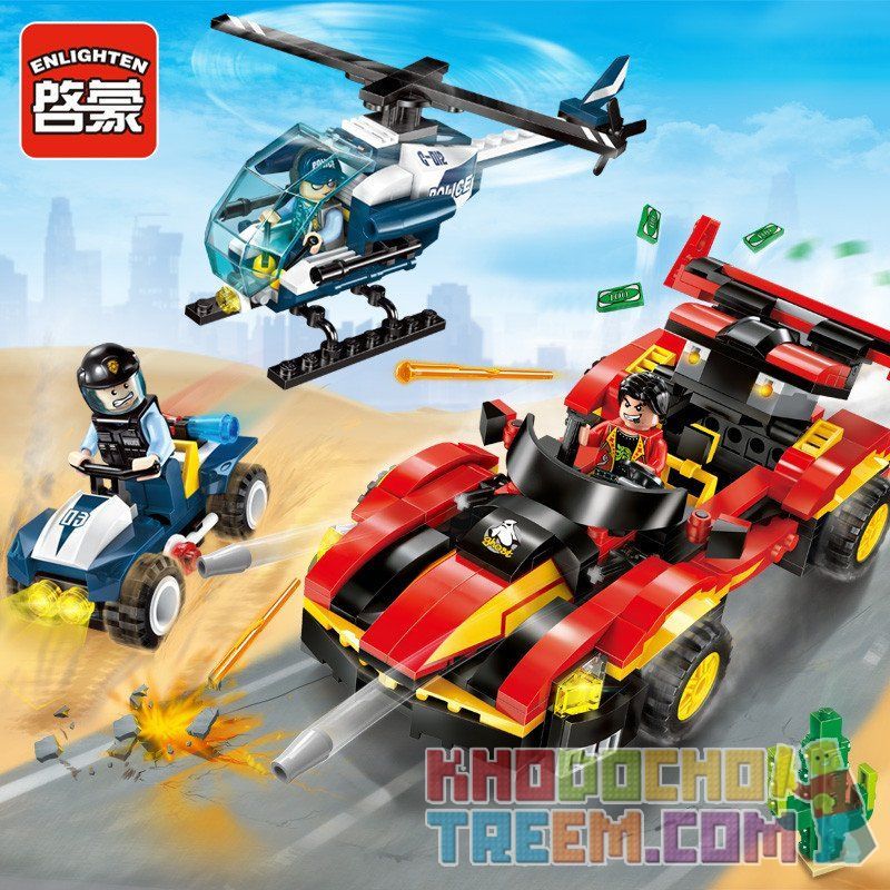 Enlighten 1914 Qman 1914 non  NGĂN CHẶN ĐUA XE BẰNG TRỰC THĂNG bộ đồ chơi xếp lắp ráp ghép mô hình Police POLICE BATTLE FORCE Cảnh Sát 405 khối