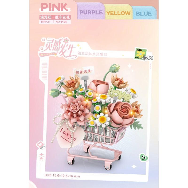LOZ 4124 Xếp hình lắp ráp ghép mô hình Xe Đẩy Hoa Quà Tặng Màu Hồng Lãng Mạn