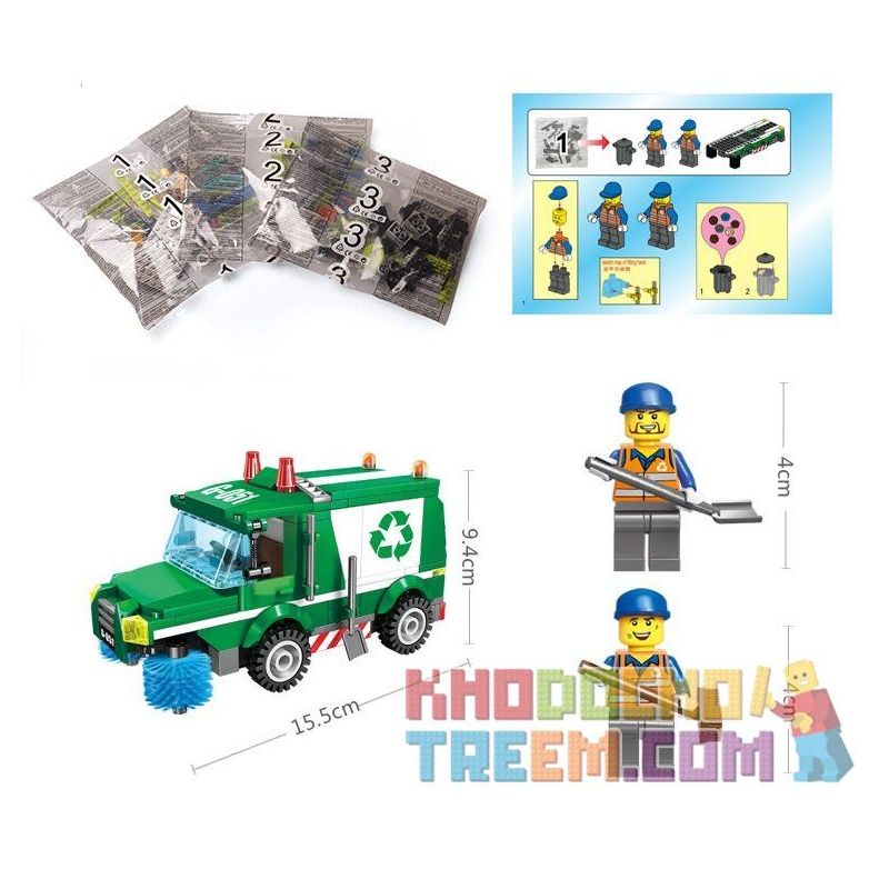 Enlighten 1111 Qman 1111 non  XE THU GOM RÁC bộ đồ chơi xếp lắp ráp ghép mô hình City GARBAGE TRUCK Thành Phố 198 khối