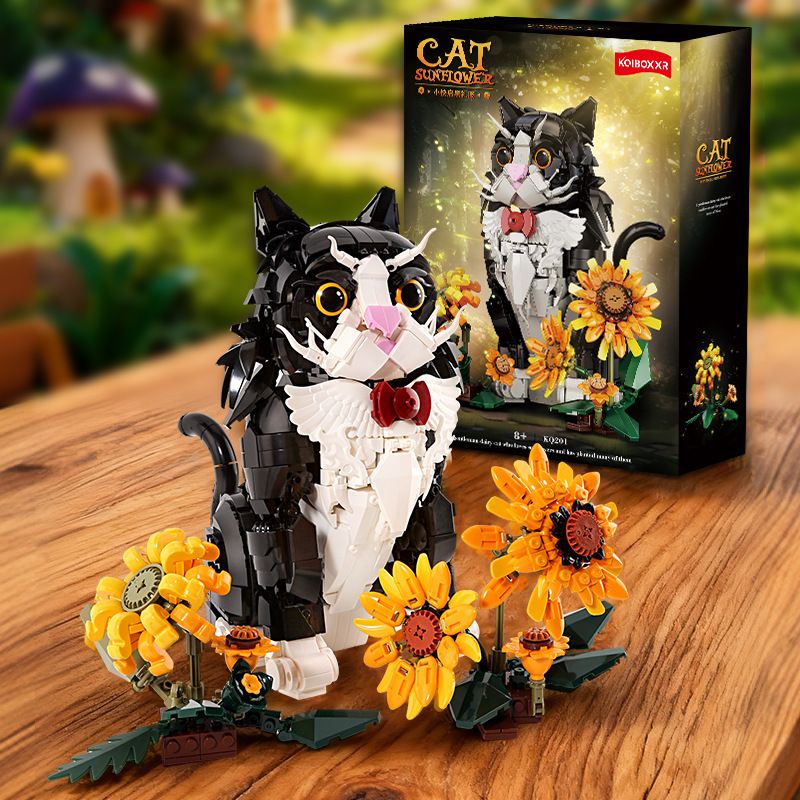 Koiboxxr KQ201 Cat Sunflower Xếp hình lắp ráp ghép mô hình Mèo hoa hướng dương váy đen