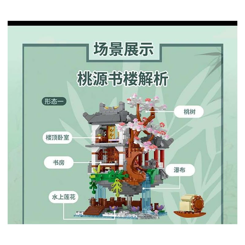 XMORK 20208 The Peach Garden Xếp hình lắp ráp ghép mô hình Chế độ xem phố 3 trong 1 của Taohuayuan