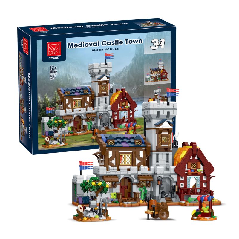 XMORK 20207 Medieval Castle Town Xếp hình lắp ráp ghép mô hình Chế độ xem phố 3 trong 1 của Thị trấn Lâu đài thời Trung cổ