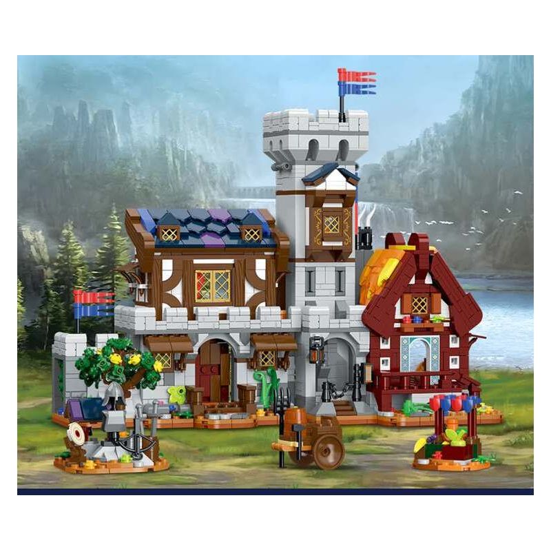 XMORK 20207 Medieval Castle Town Xếp hình lắp ráp ghép mô hình Chế độ xem phố 3 trong 1 của Thị trấn Lâu đài thời Trung cổ